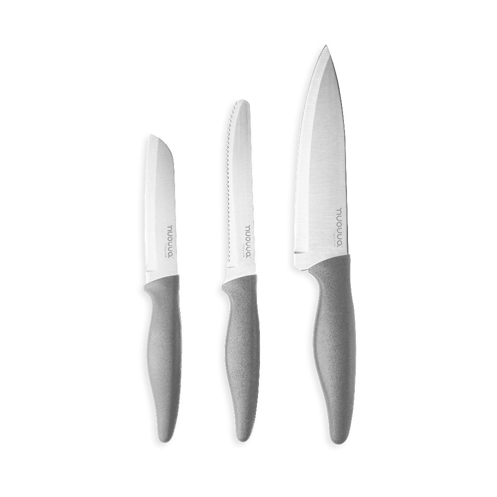 Nuovva light grey set of 3 stainless steel kitchen knives including chefs knife, tomato knife and paring knife. 