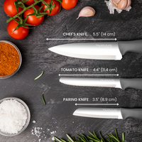 Nuovva 3-piece stainless steel kitchen including 5.5" chefs knife, 4.4" tomato knife and a 3.5" paring knife with light grey ergonomic handles. 