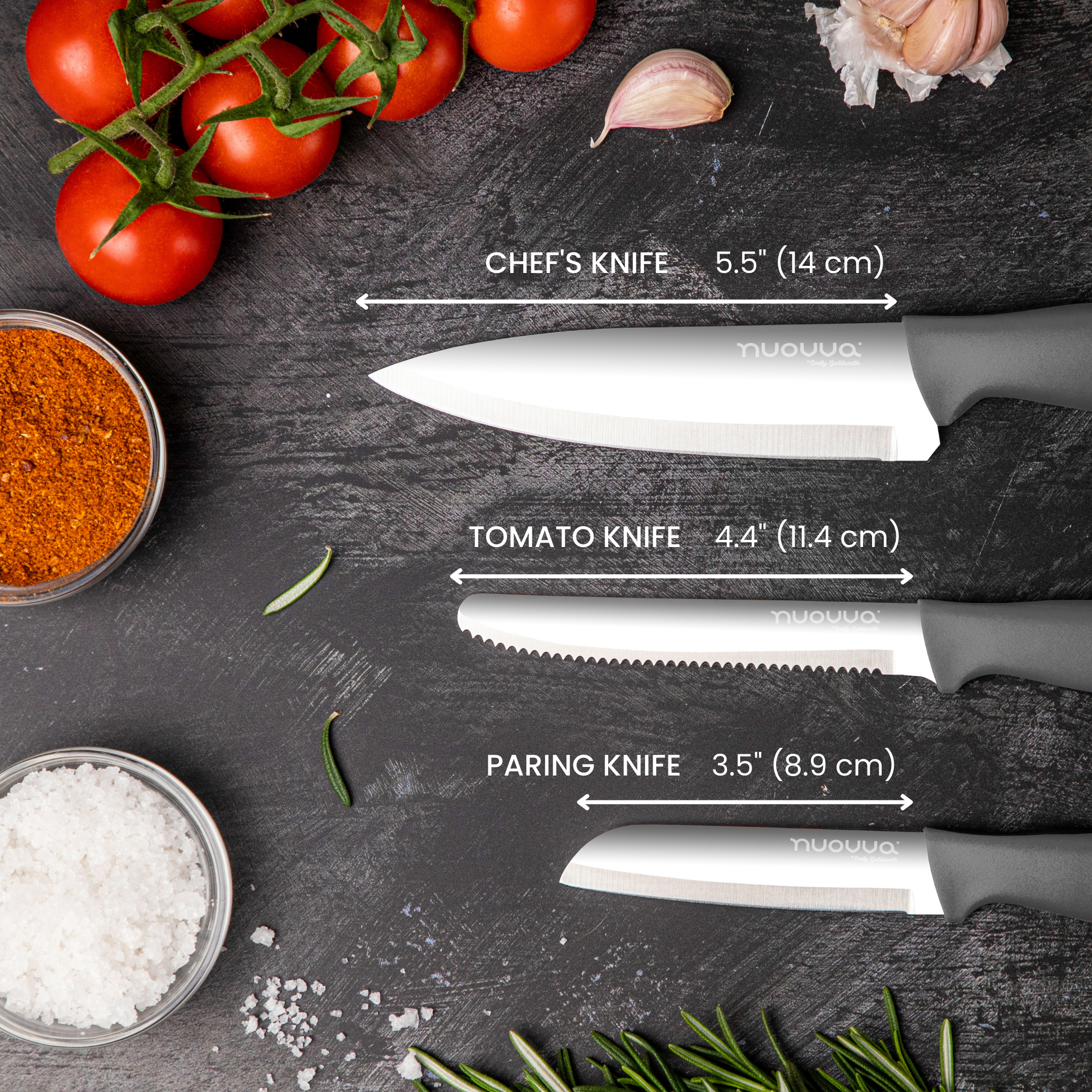 Nuovva 3-piece stainless steel kitchen including 5.5" chefs knife, 4.4" tomato knife and a 3.5" paring knife with light grey ergonomic handles. 