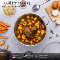 Cook healthier with no chemical, non-stick stainless steel stockpots with glass lids. 