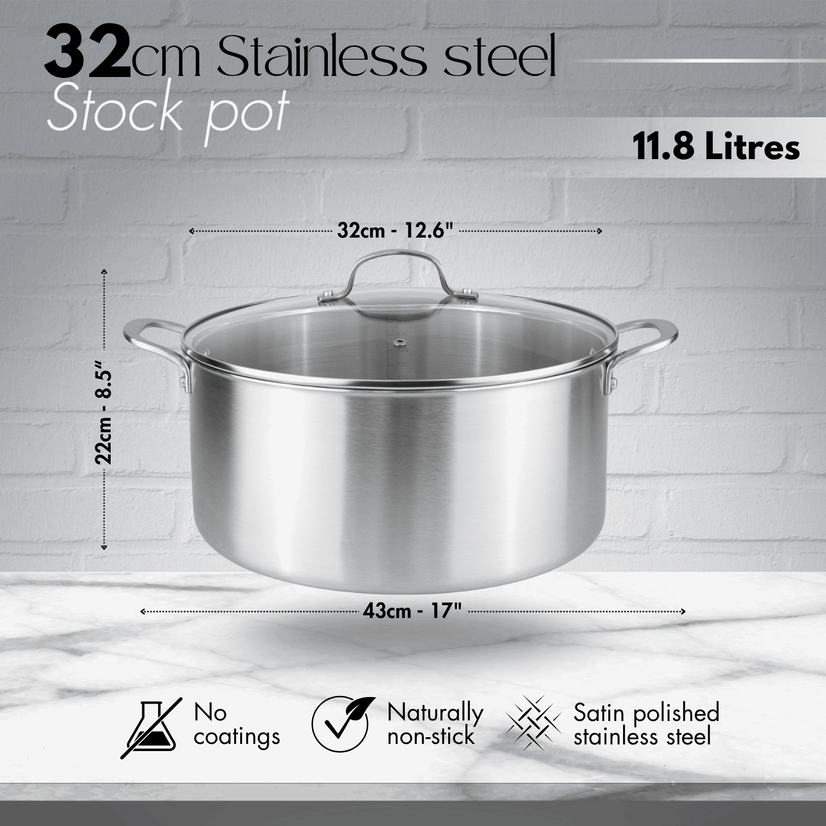 32cm stainless steel stock pot with no coating and naturally non-stick for healthier cooking. 