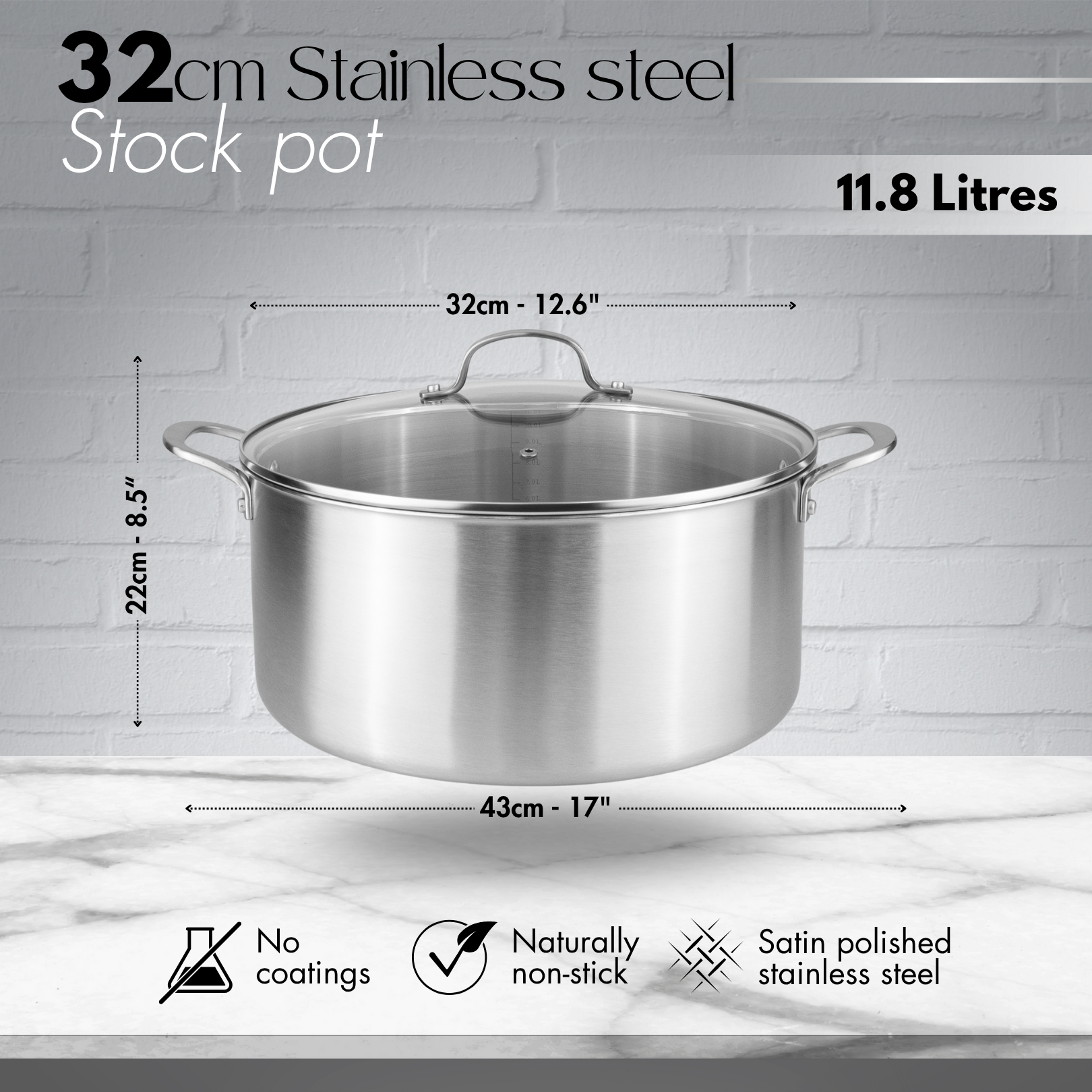 32cm stainless steel stock pot with no coating and naturally non-stick for healthier cooking. 