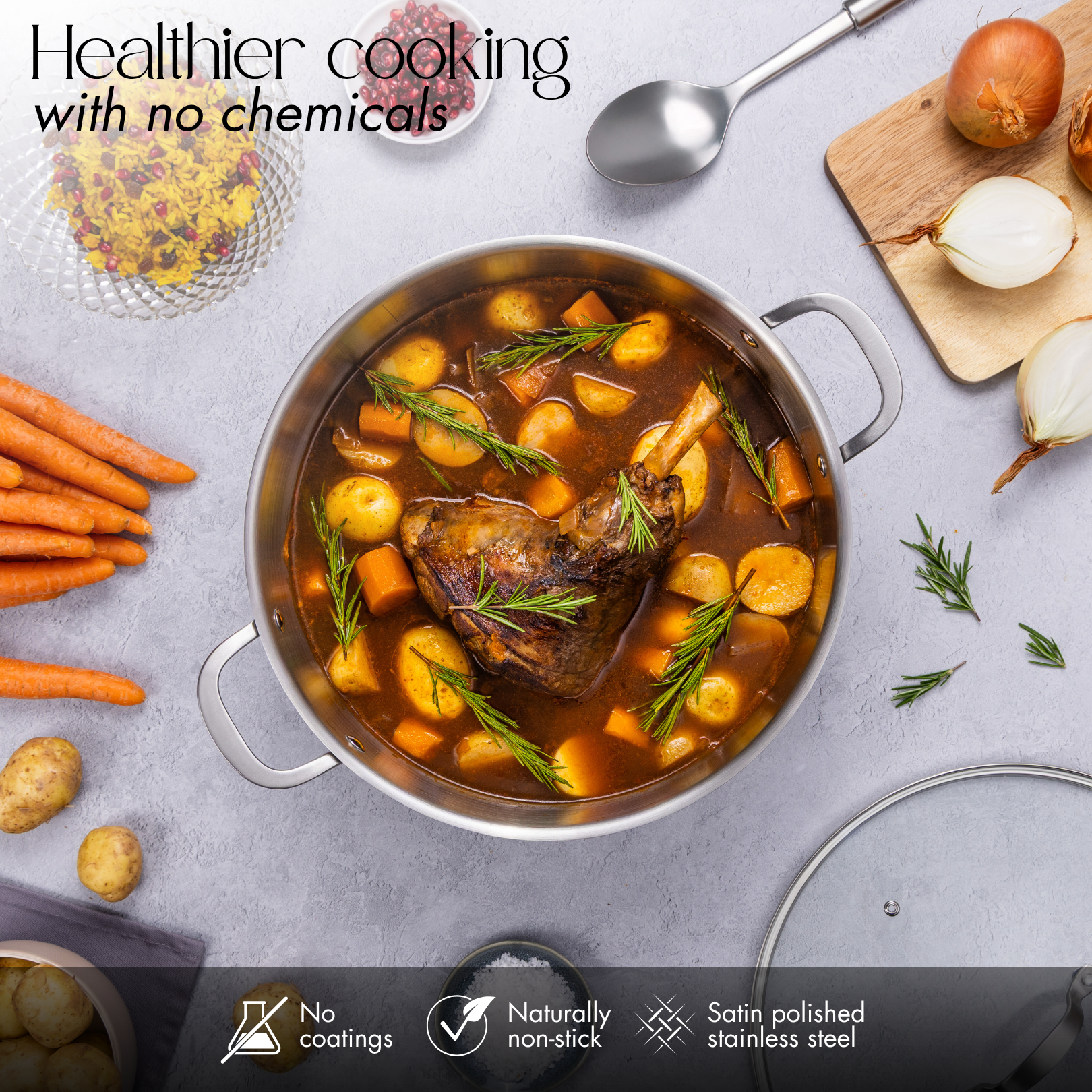Cook healthier with no chemical, non-stick stainless steel stockpots with glass lids. 