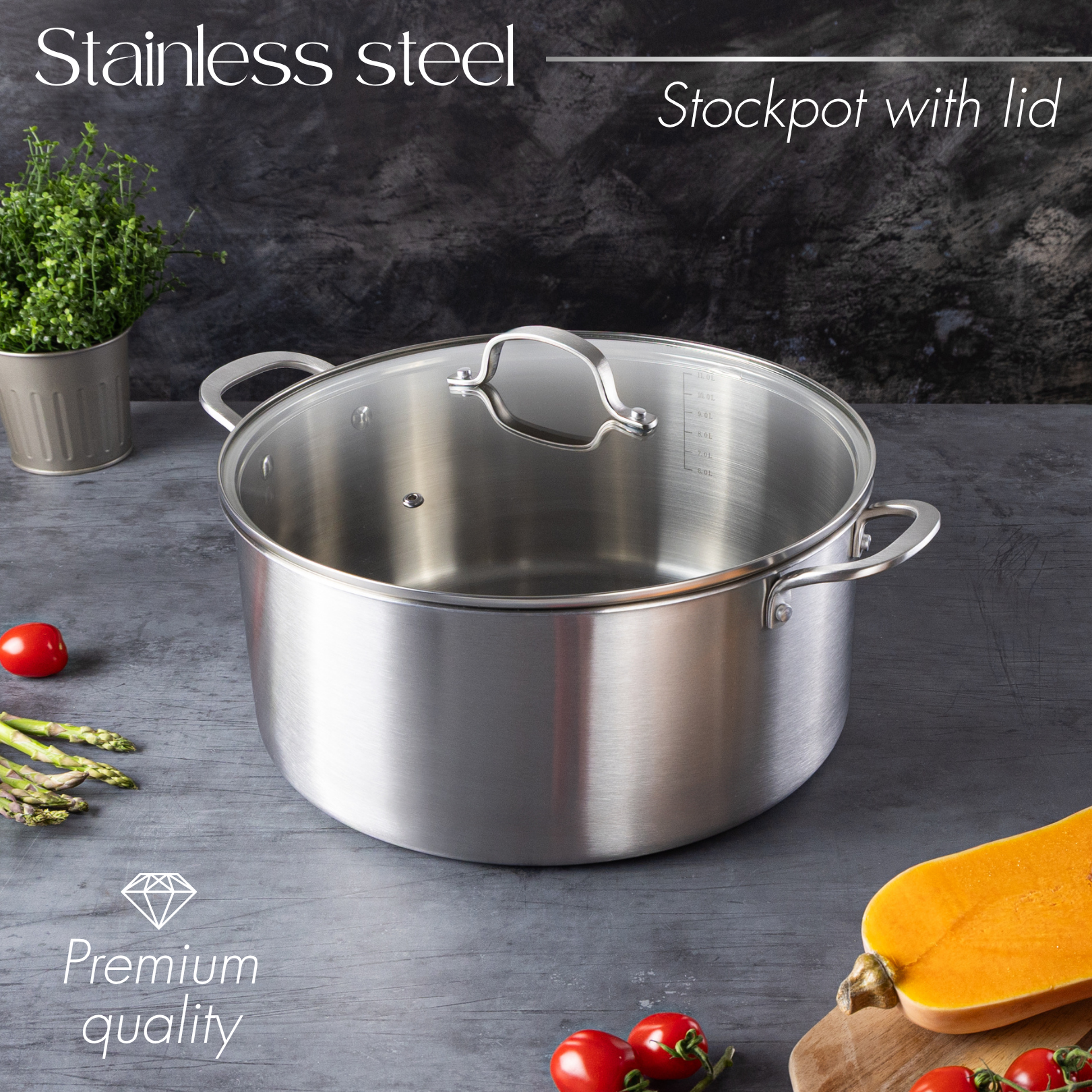 Premium quality stainless steel stockpot with lid. 