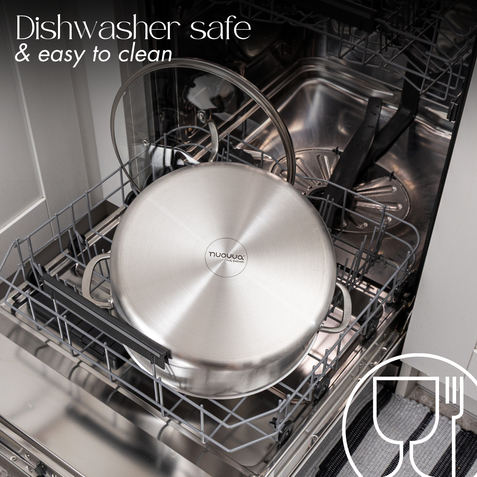 Dishwasher-safe stainless steel stock pot with glass lid.  