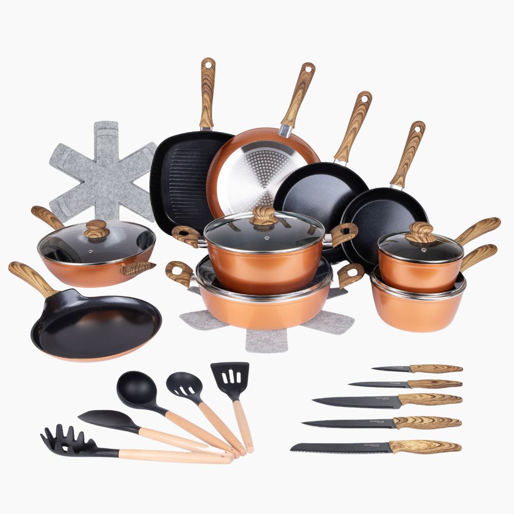 Nuovva 35-piece copper cookware set including kitchen knives, utensils and pot protectors.