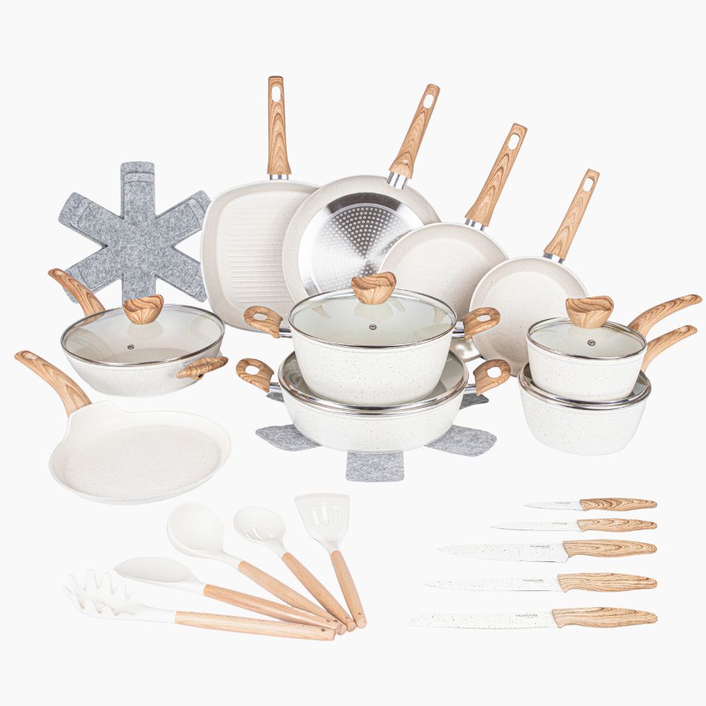 Nuovva 35 pieces cookware set includes pots & pans with lids, knives and utensil. 