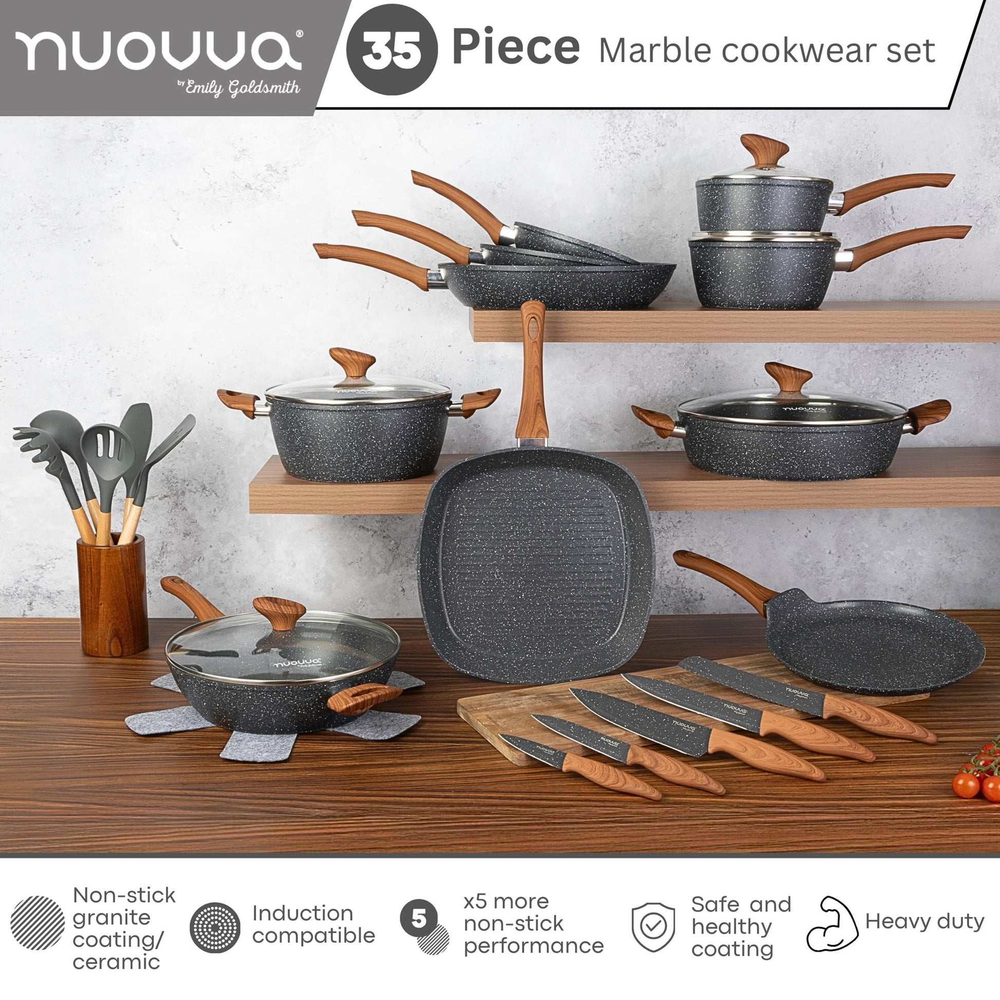 Nuovva 35-piece marble induction compatible cookware set with non-stick ceramic coating for safe and healthy coating cooking.