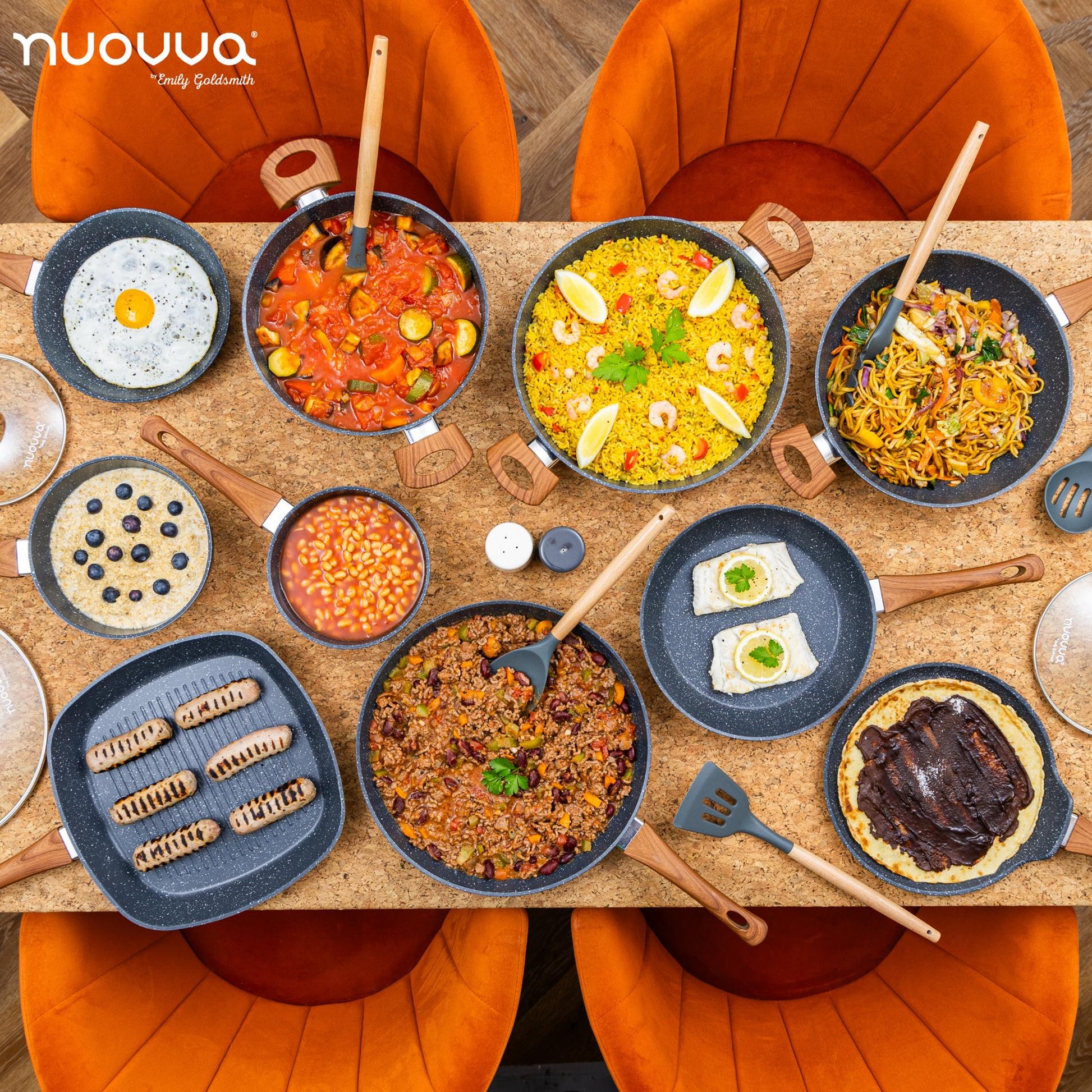Nuovva 35 pcs grey granite cookware set including stock pots, Dutch ovens, frying pans, grill pans, utensils and more. 