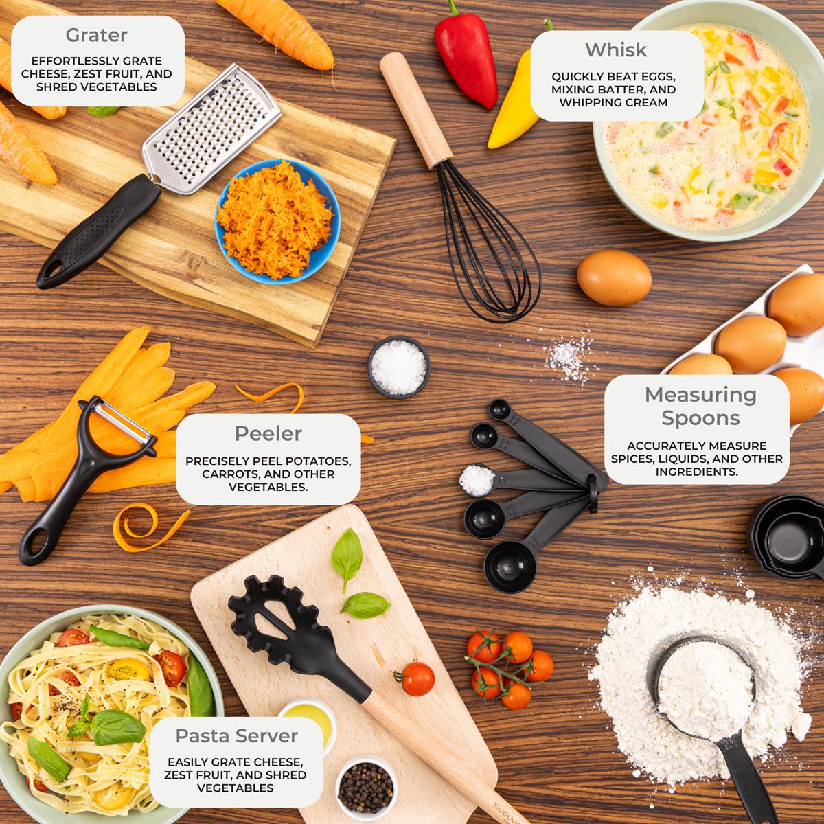 Nuovva black silicon cooking utensils includes a grater, whisk, peeler, measuring spoons, pasta server and more. 