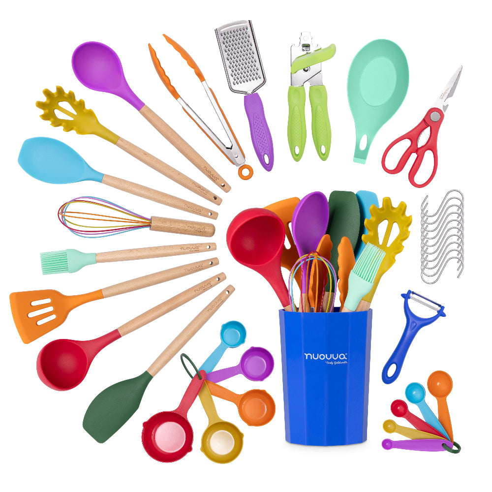 35 pieces non-stick silicon colorful utensil set in a storage holder including measuring spoons, measuring cups spatulas and more. 