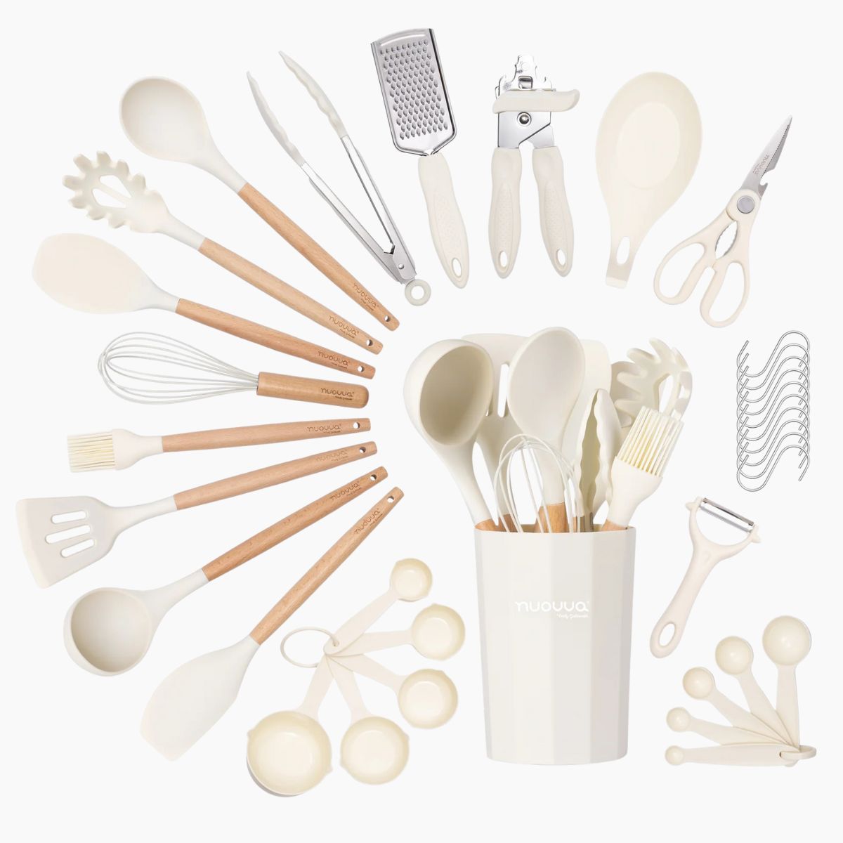 Nuovva 35pcs cream silicon utensils in.a storage holder including hooks, utensils and measuring tools. 