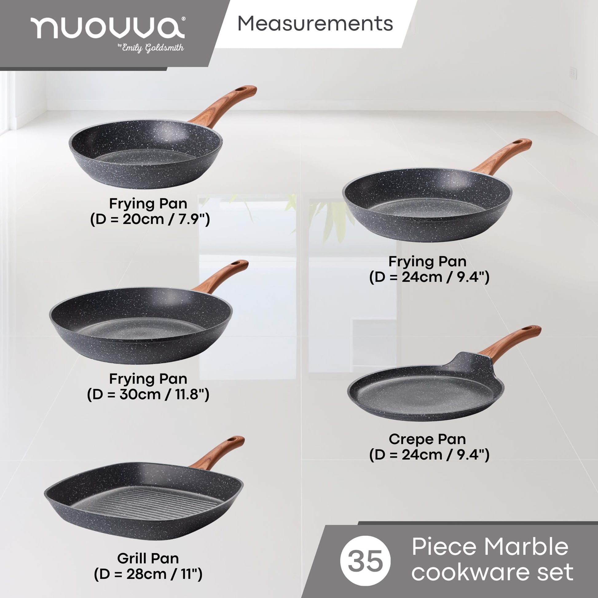 Nuovva 35 piece grey granite marble cookware set includes 7.9" frying pan, 9.4" frying pan, 11.8" frying pan, 9.4" crepe pan, 11" grill pan. 