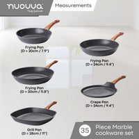 Nuovva 35 piece grey granite marble cookware set includes 7.9" frying pan, 9.4" frying pan, 11.8" frying pan, 9.4" crepe pan, 11" grill pan. 
