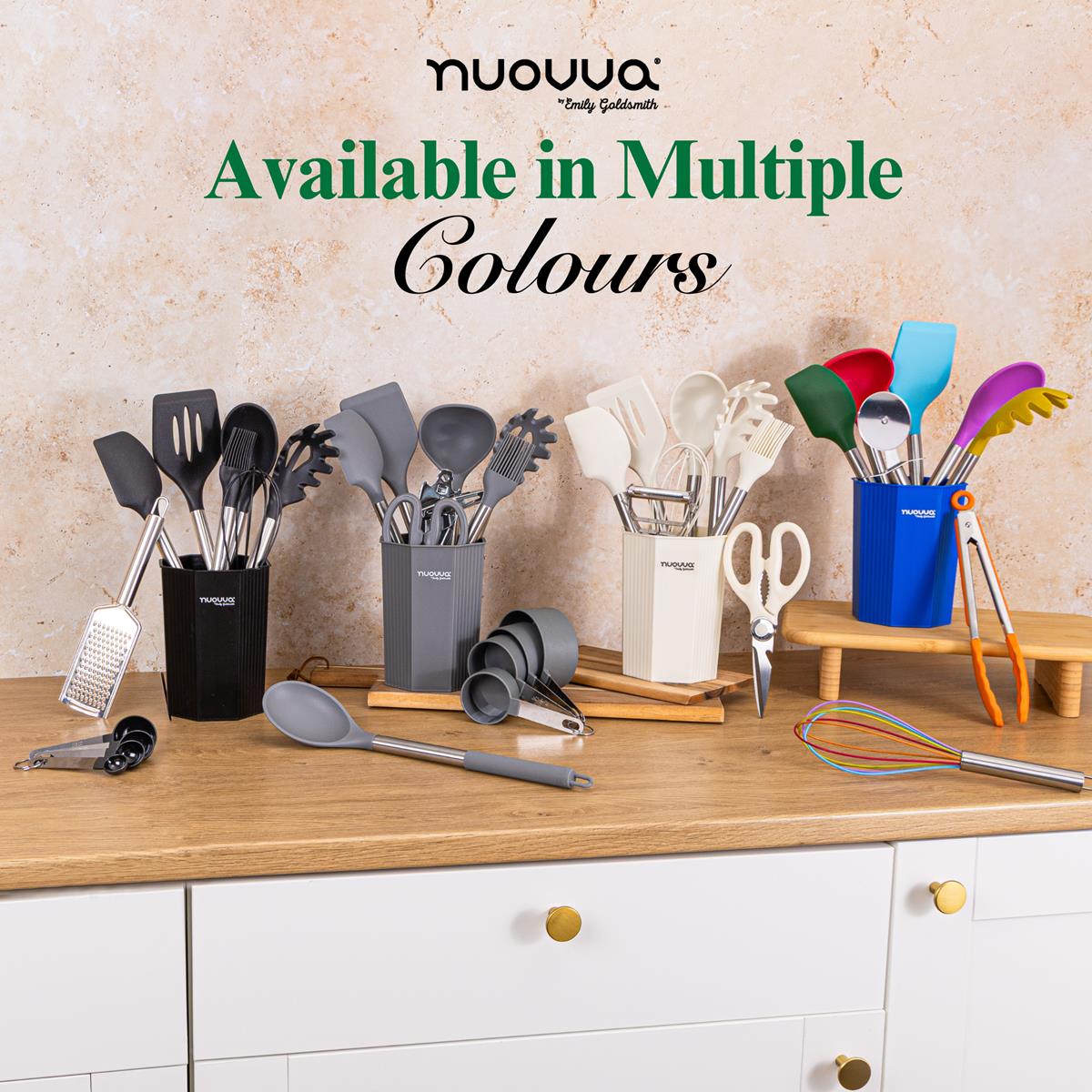 A collection of Nuovva silicone kitchen utensil sets. The utensils are organized in black, gray, white, and blue holders with matching colour containers