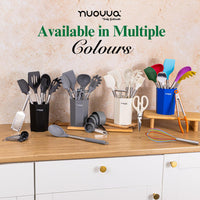 A collection of Nuovva silicone kitchen utensil sets. The utensils are organized in black, gray, white, and blue holders with matching colour containers
