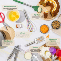 36pcs silicone utensil set includes kitchen scissors, spatuals, can opener, grater and measuring spoons and cups