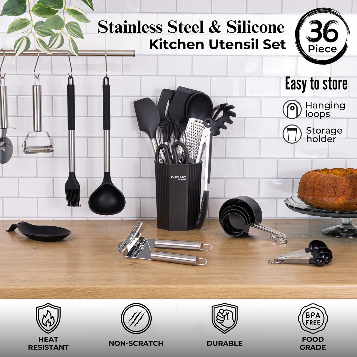 Easy to store 36pcs silicone utensil with stainless steel handles - heat reisitant, non-scratch and BPA food grade material