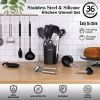 Easy to store 36pcs silicone utensil with stainless steel handles - heat reisitant, non-scratch and BPA food grade material
