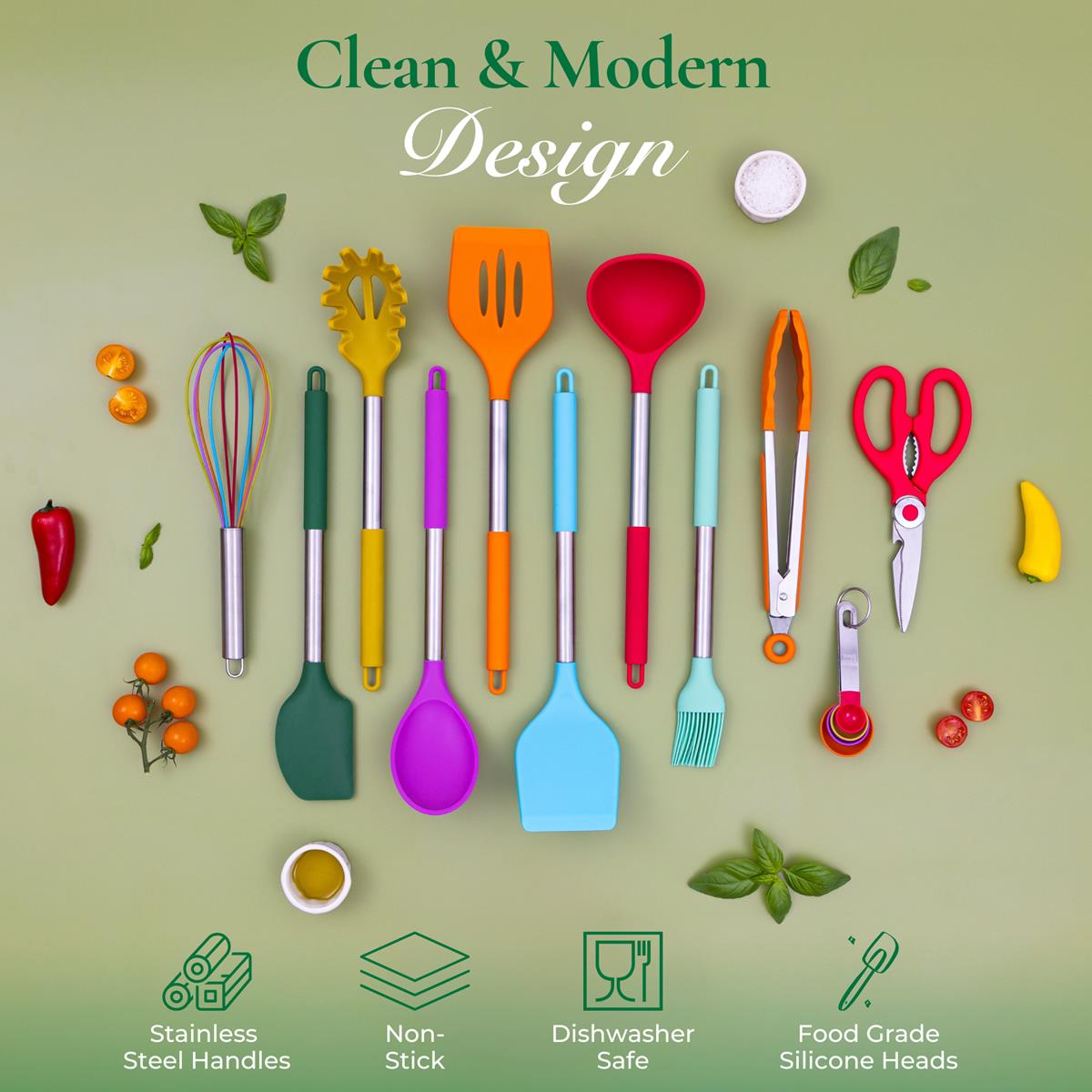 Dishwasher safe 36pcs silicone utensils with stainless steel handles with clean & modern designdesign 
