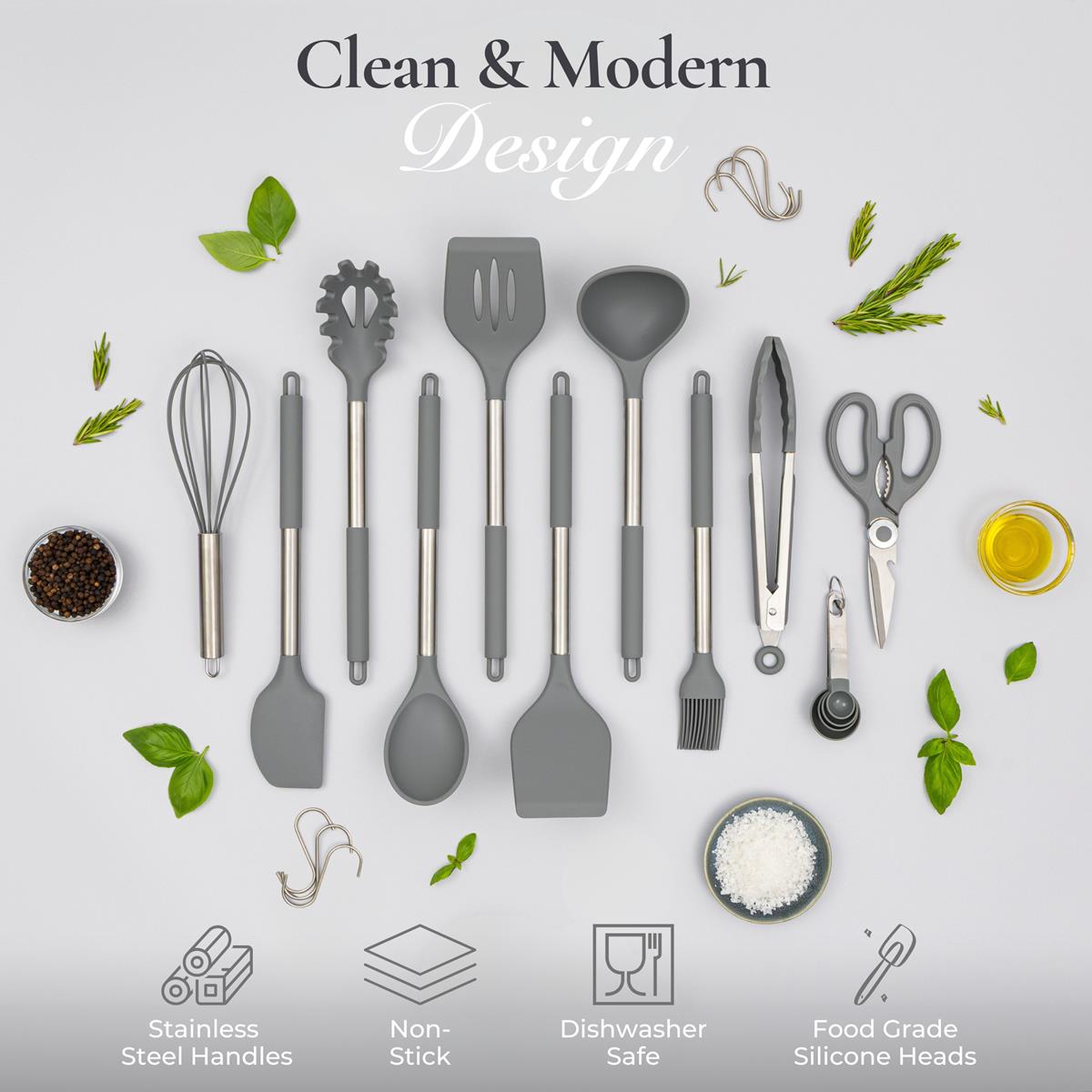 Stainless steel kitchen utensil set with clean & modern design - dishwasher safe and non-stick