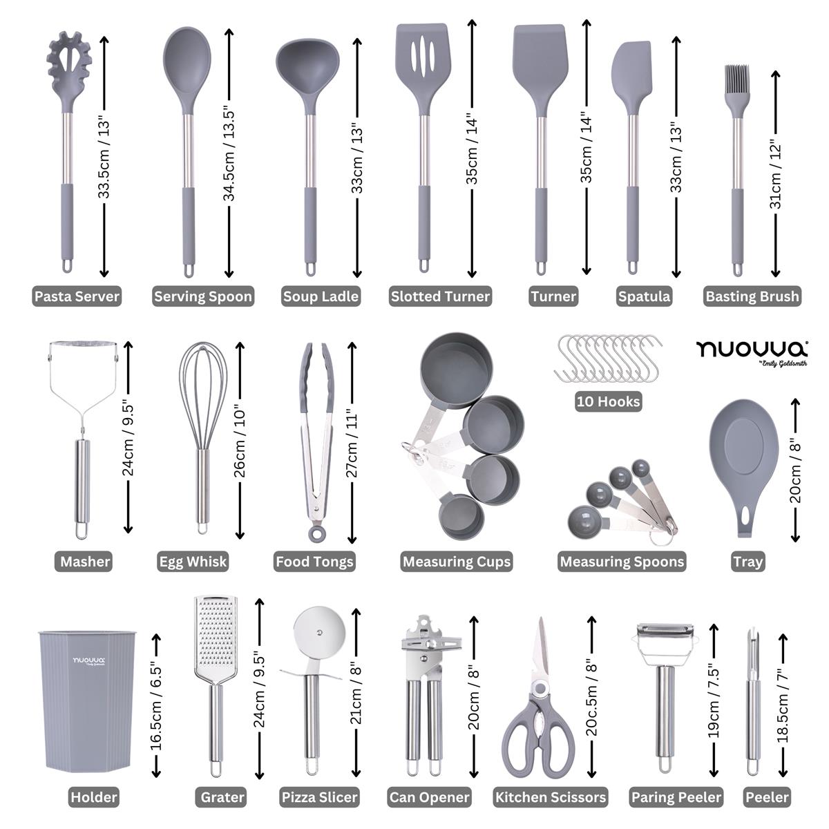 36pcs utensil set with measurements for each tool - includes various stainless steel and gray silicone cooking tools such as pasta servers, spoons, turners, spatulas, a basting brush, a peeler, a grater, scissors, can opener, pizza slicer, egg whisk, masher, measuring cups, measuring spoons, hooks and a holder.
