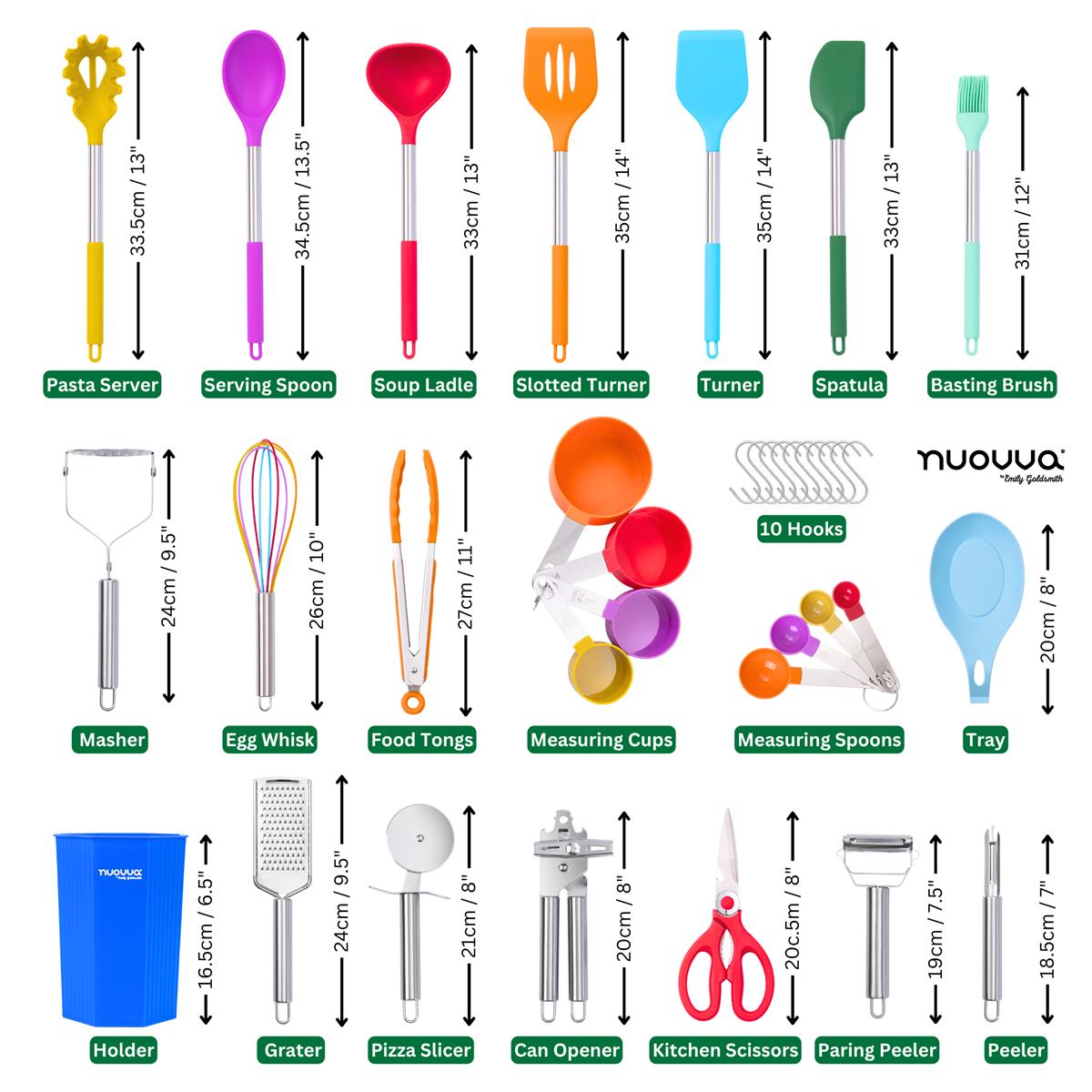 36pcs silicon utensil set with stainless steel handles including holder, spatulas, measuring cups peelers and more. 