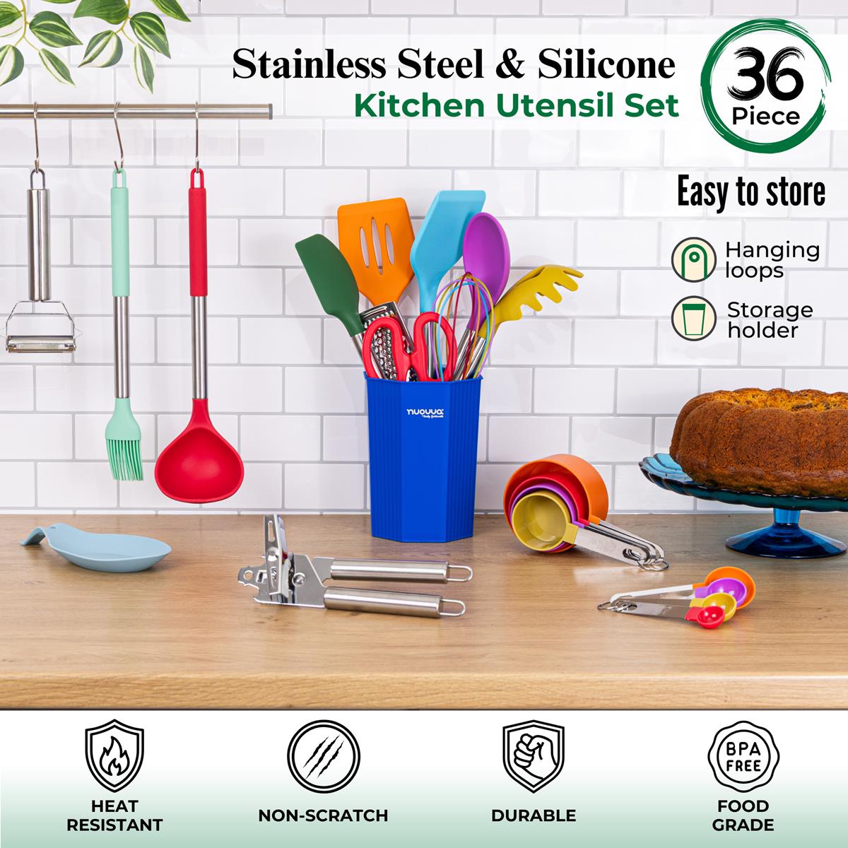 36-Piece Silicone Kitchen Utensils Set with Stainless Steel Handles, MultiColor