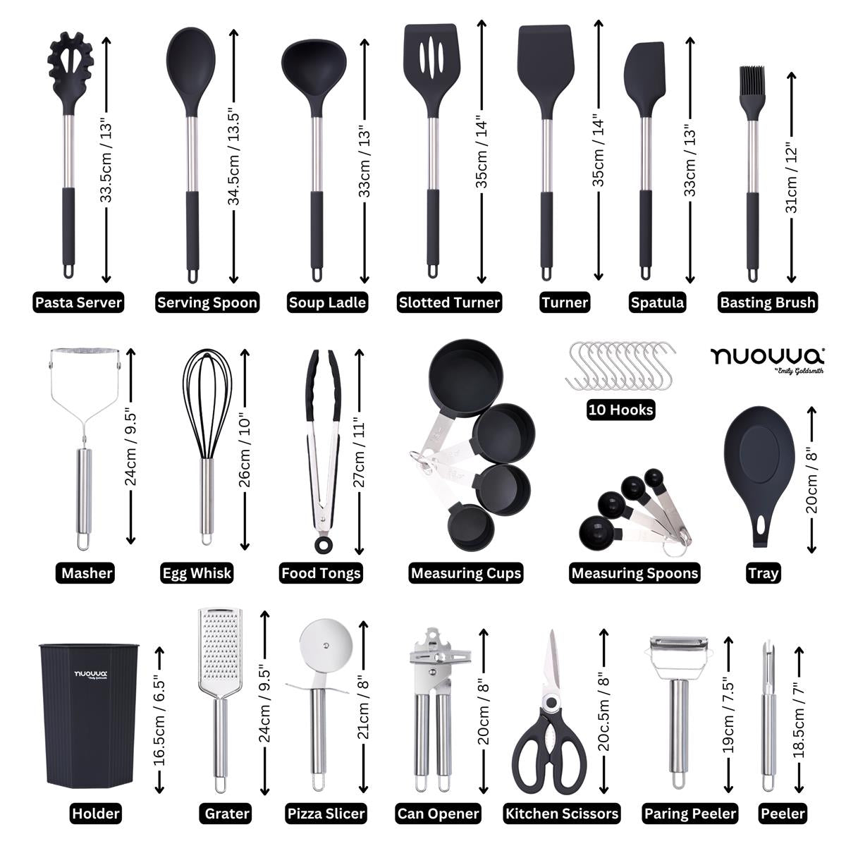 36pcs silicone utensil set include graters, utensils, serving spoons, holders, peelers and more.