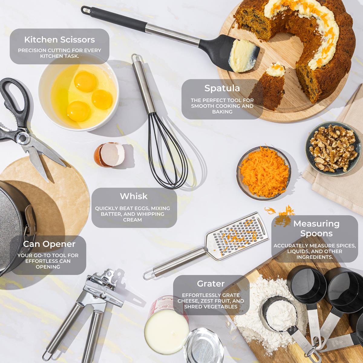 36pcs black utensil set includes kitchen scissors, can opener, spatula, whisk, measuring spoon and grater 
