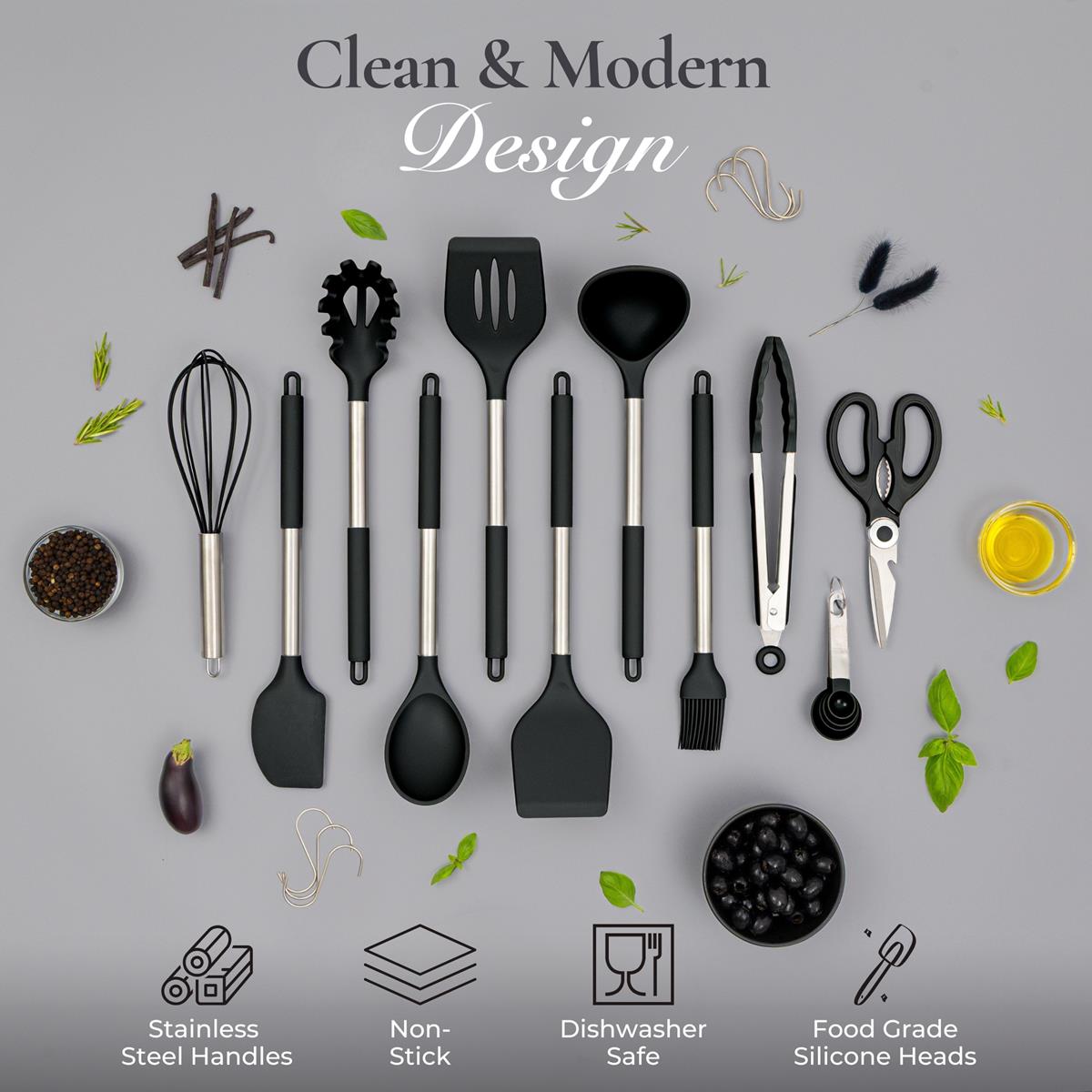 Dishwasher safe black silicone utensil set with clean & modern design featuring stainless steel handles and non-stick silicone heads