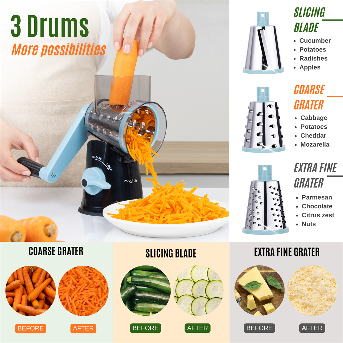 Rotary Drum Grater with Stainless Steel Blades – 4pcs, Blue