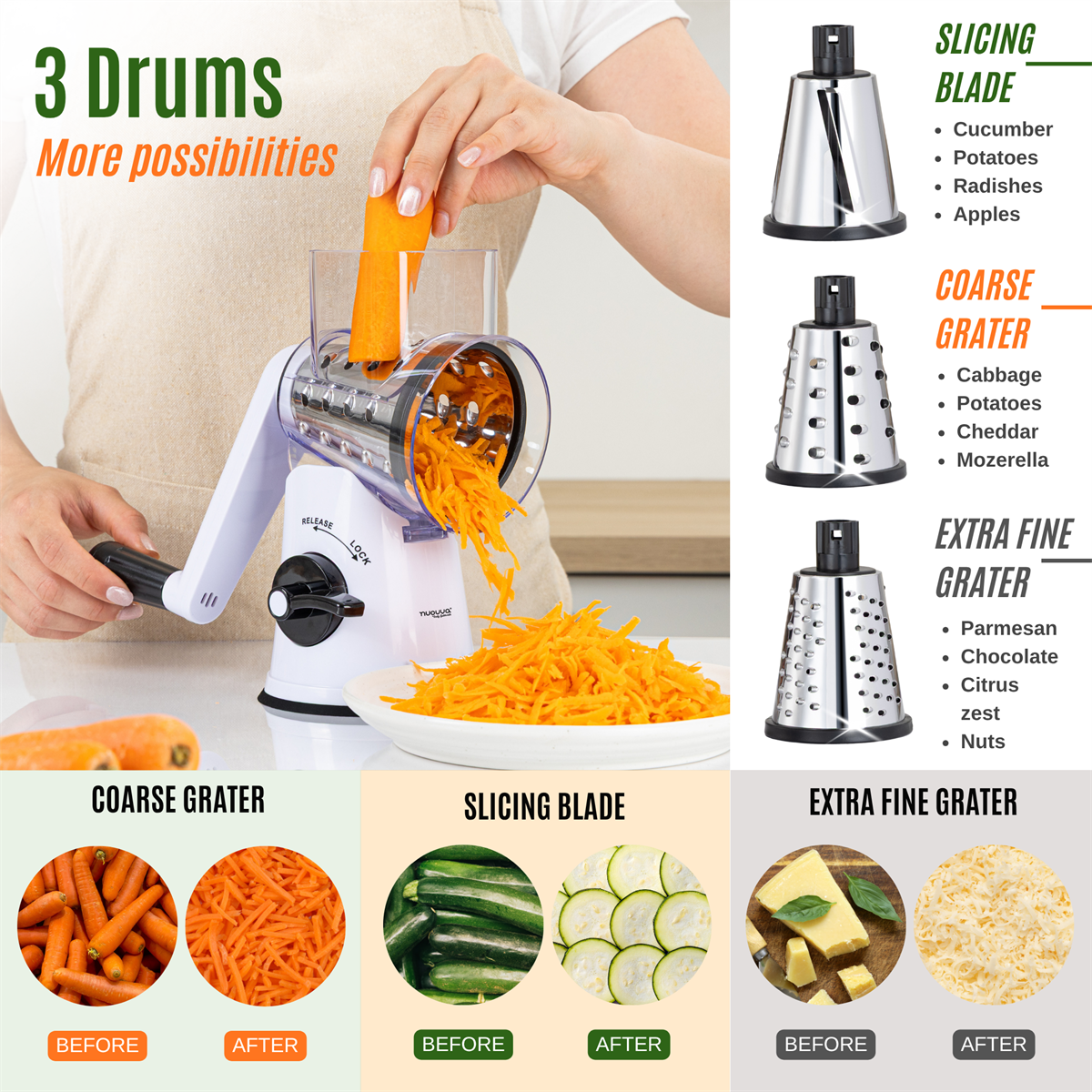 Rotary Drum Grater with Stainless Steel Blades – 4pcs, White