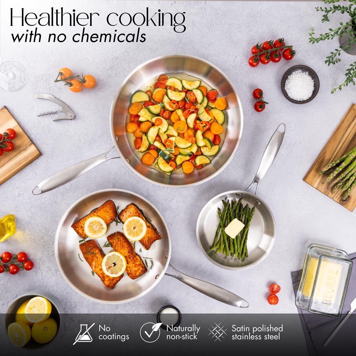 Healthier cooking with stainless steel frying pan set - no coating, non-stick cookware