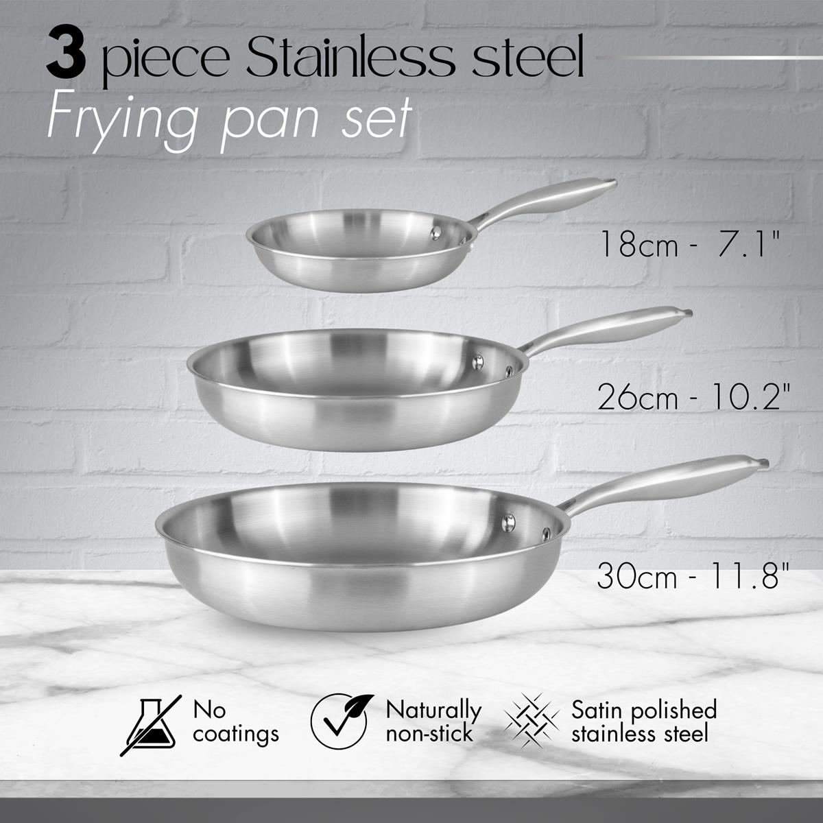 Three stainless steel frying pans - 18cm, 26cm and 30cm