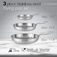 Three stainless steel frying pans - 18cm, 26cm and 30cm