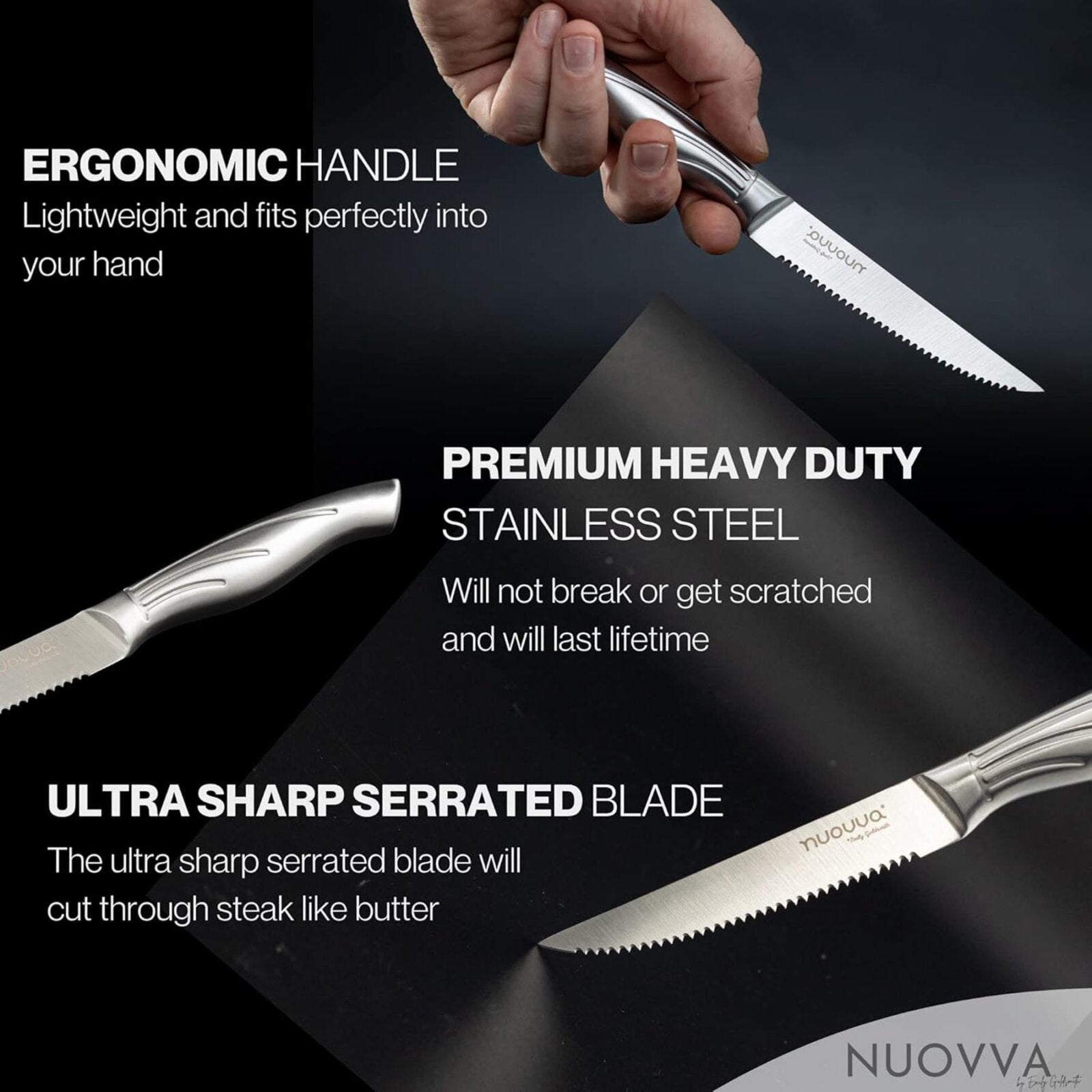 Nuovva set of 4 ultra sharp serrated blade with premium heavy duty stainless steel and an ergonomic handle for easy grip and fit. 