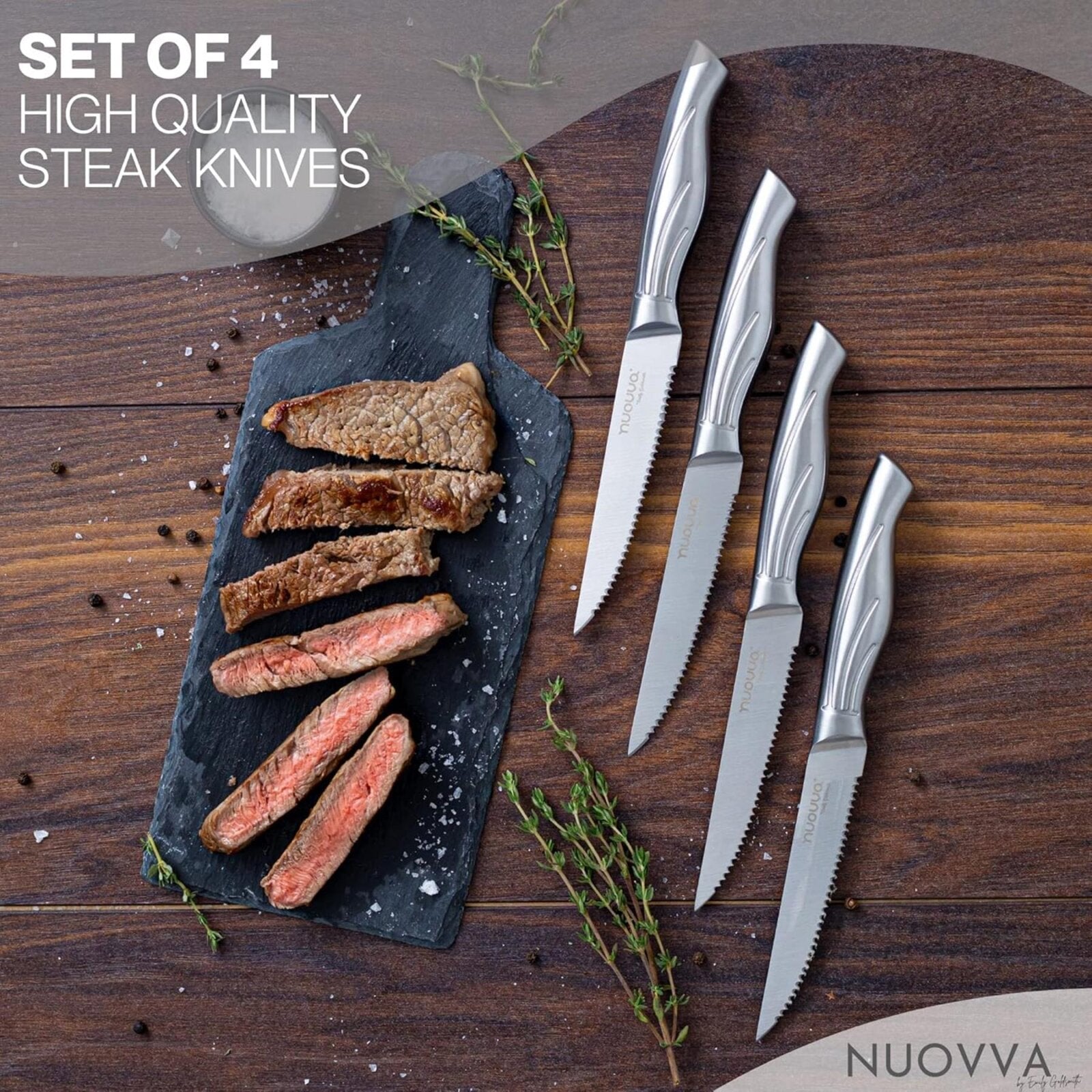 Nuovva set of 4 high quality steak knives with serrated edge for easy meat cutting. 