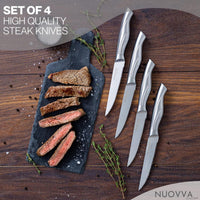 Nuovva set of 4 high quality steak knives with serrated edge for easy meat cutting. 