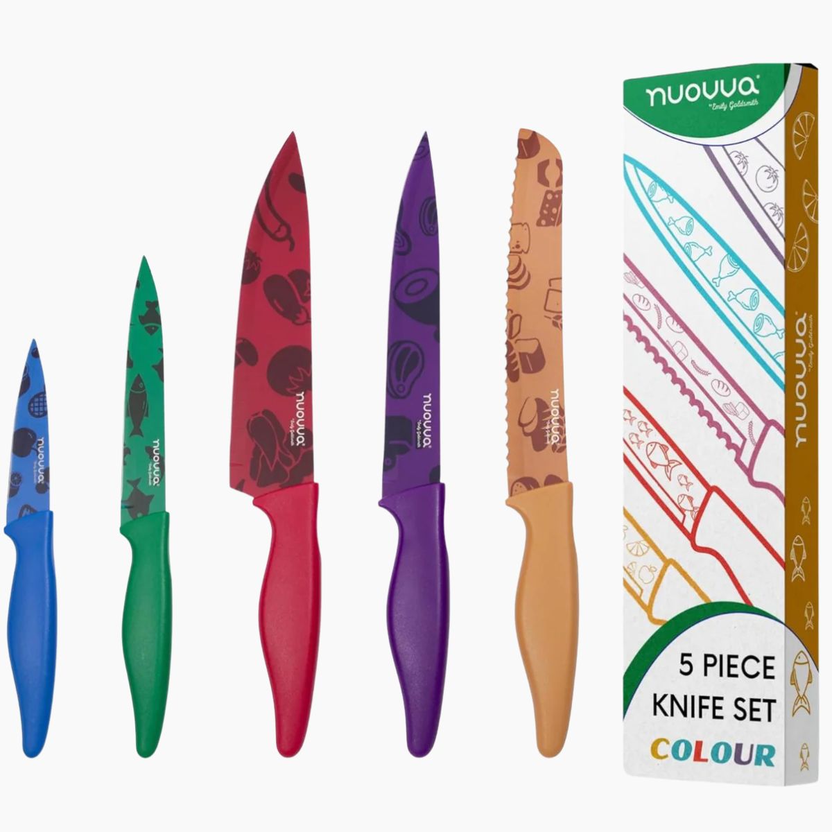Nuovva colour patterned 5pcs kitchen knife set including chefs knife, filleting knife, bread knife, paring knife and utility knife