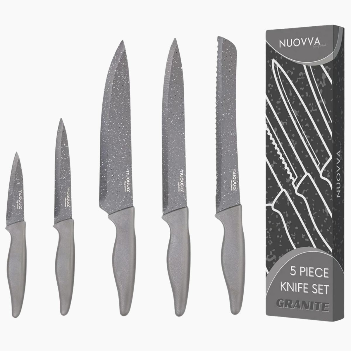 Nuovva 5pcs grey granite set of kitchen knife set includes bread knife, chefs knife, filleting knife, paring knife and utility knife. 