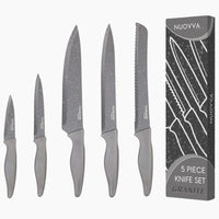 Nuovva 5pcs grey granite set of kitchen knife set includes bread knife, chefs knife, filleting knife, paring knife and utility knife. 