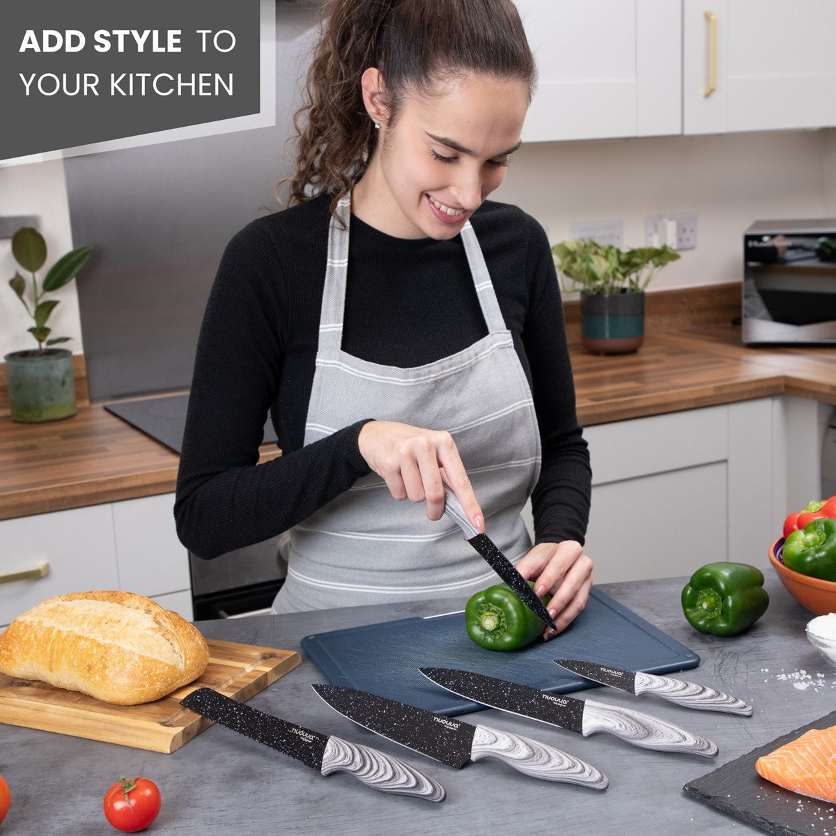 Add style to your kitchen with nuovva 5pcs kitchen knife set including bread knife, chef knife, filleting knife, utility knife and bread knife for complete kitchen efficiency. 