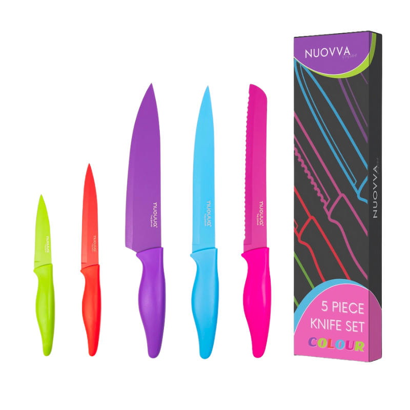 Nuovva set of 5 multicolour kitchen knives include bread knife, slicing knife, chefs knife, utility knife and paring knife. 