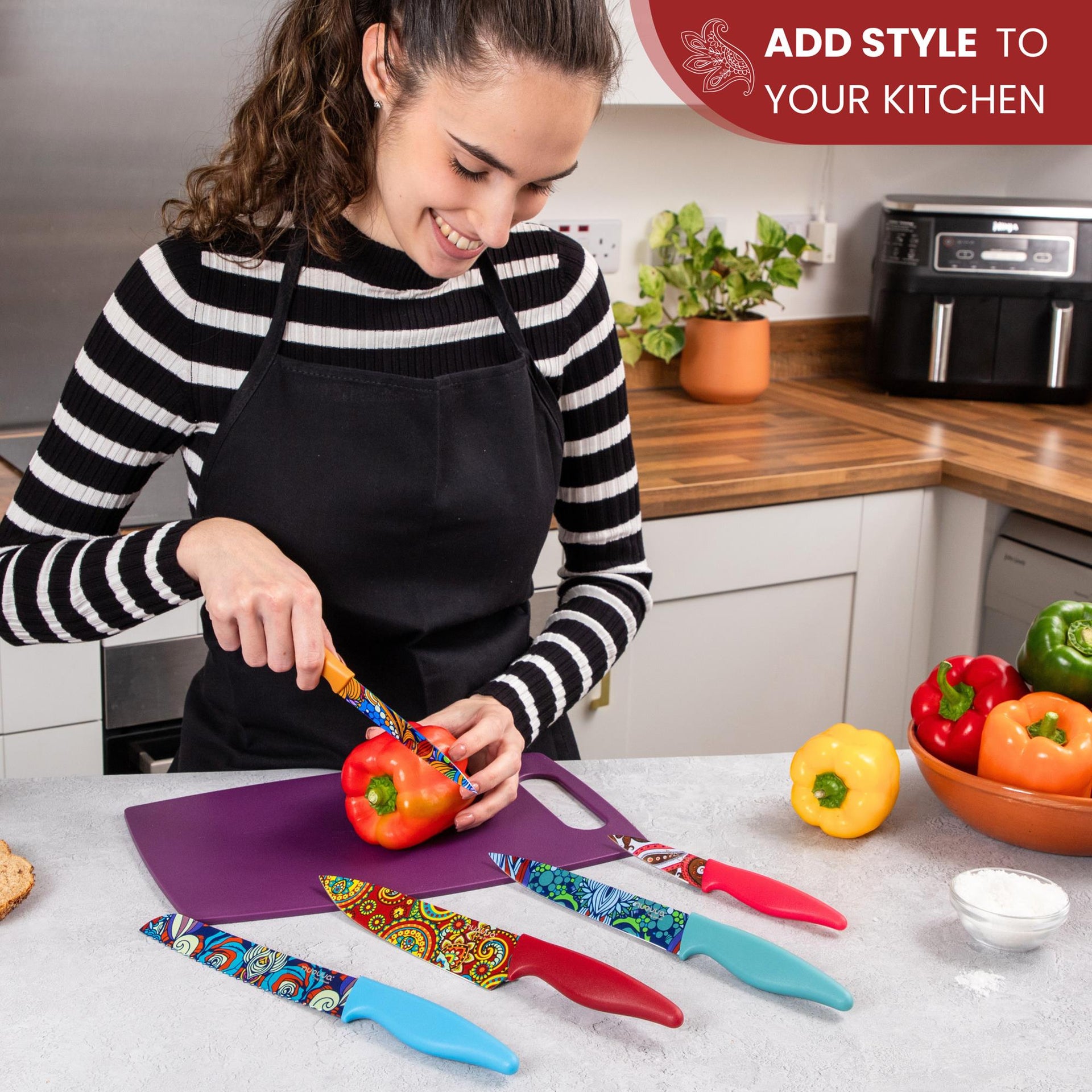 Add style to your kitchen with nuovva 5 piece kitchen knife set including chef knife, filleting knife, utility knife, paring knife and bread knife. 