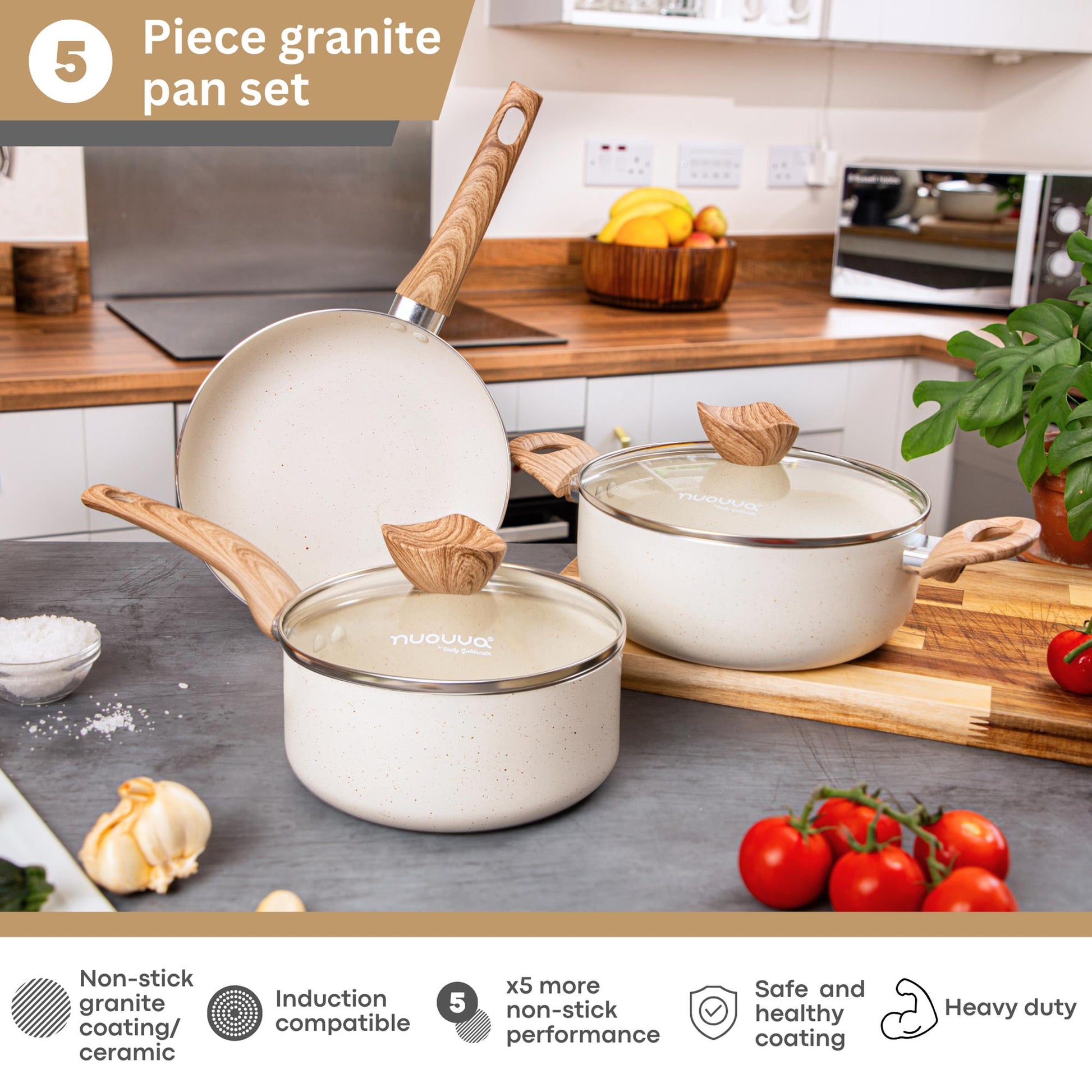 5pcs induction compatible granite pan set with ceramic coating for safe and healthy non-stick cooking. 