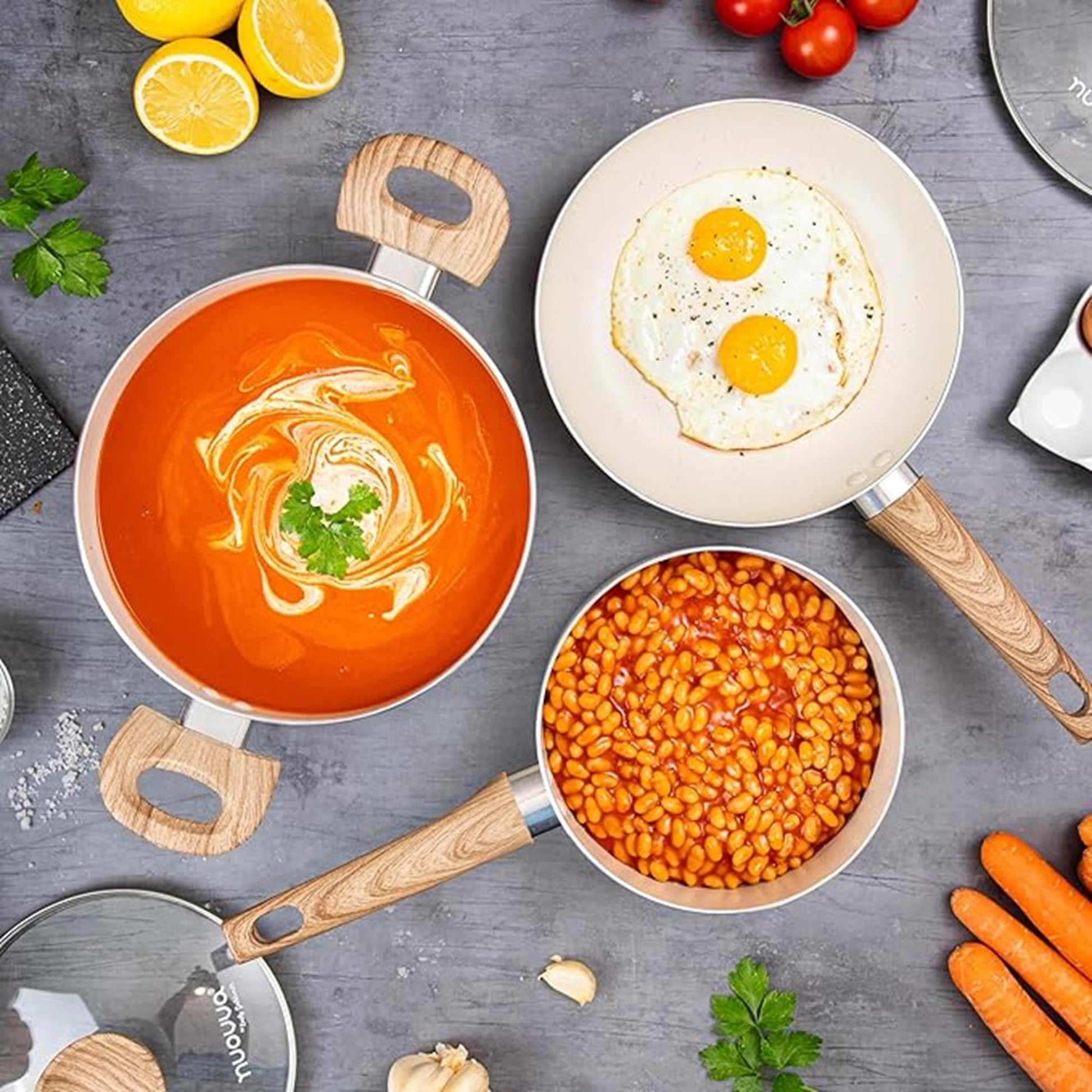 5pcs induction cookware set includes ceramic saucepan, stock pot and frying pans