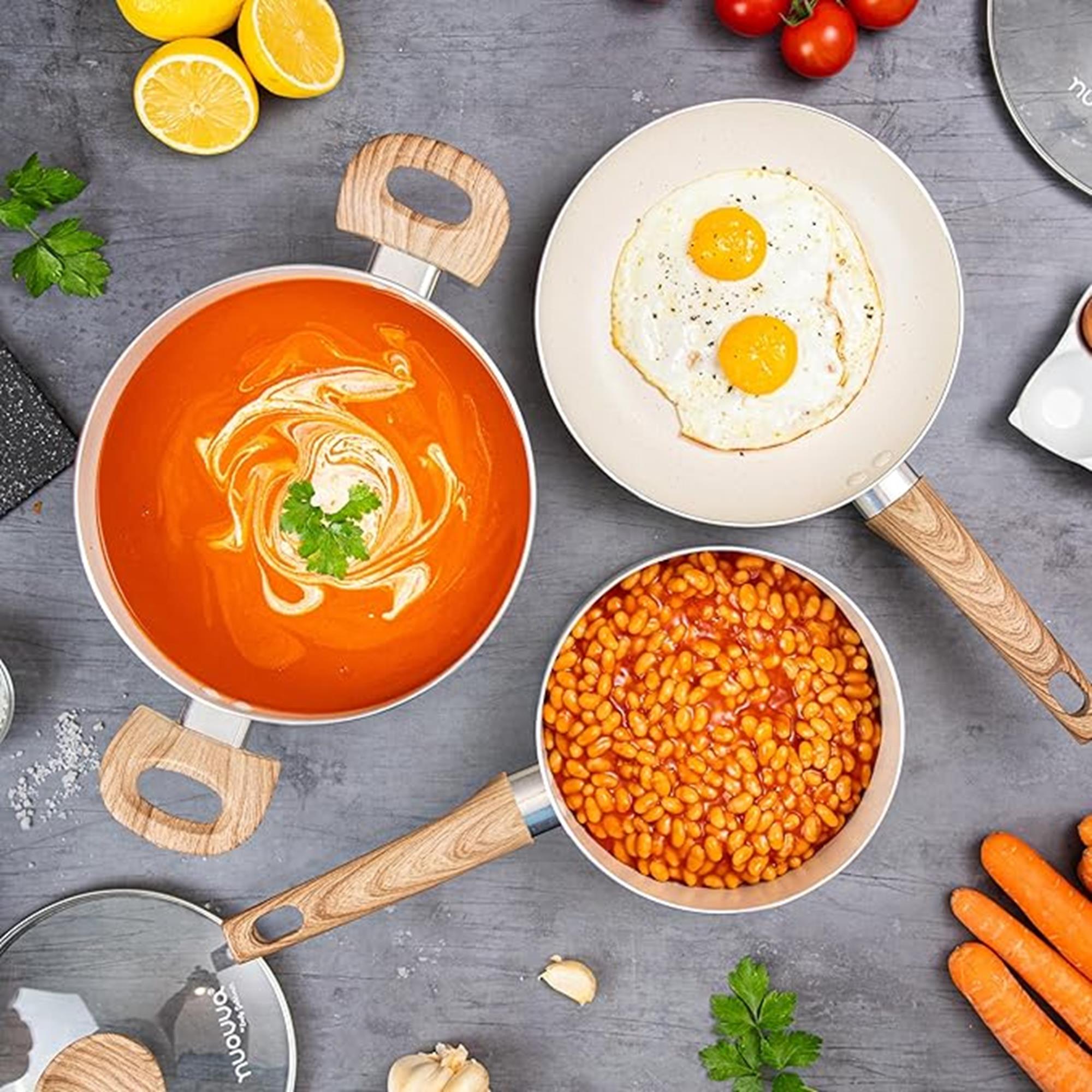 5pcs induction cookware set includes ceramic saucepan, stock pot and frying pans