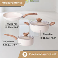 Ceramic 5 piece cookware set includes 8.7" frying pan, 8.8" stock pot and 7.1" saucepan. 