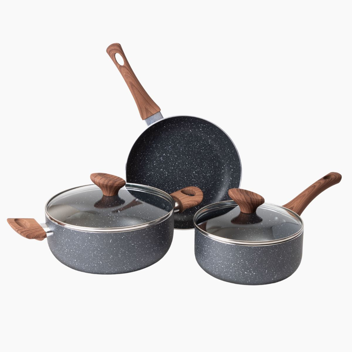 Nuovva 5pcs grey granite induction cookware set including stock pot, saucepan and frying pan. 